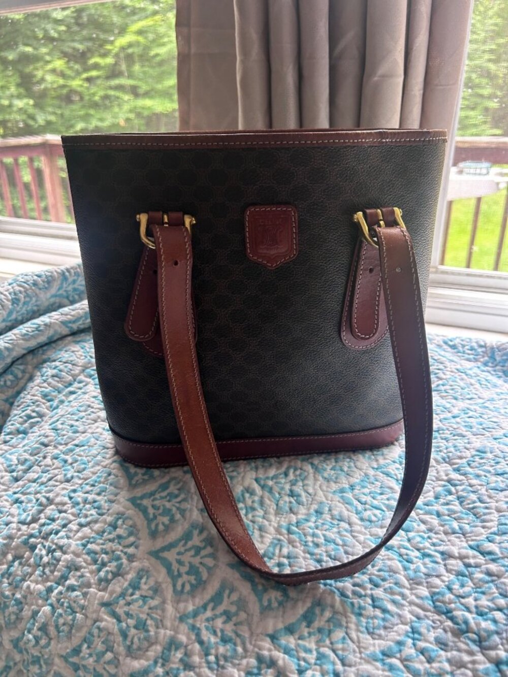 Vintage CELINE Macadam Bucket Tote Bag Brown PVC Coated Canvas & Leather Shoulde